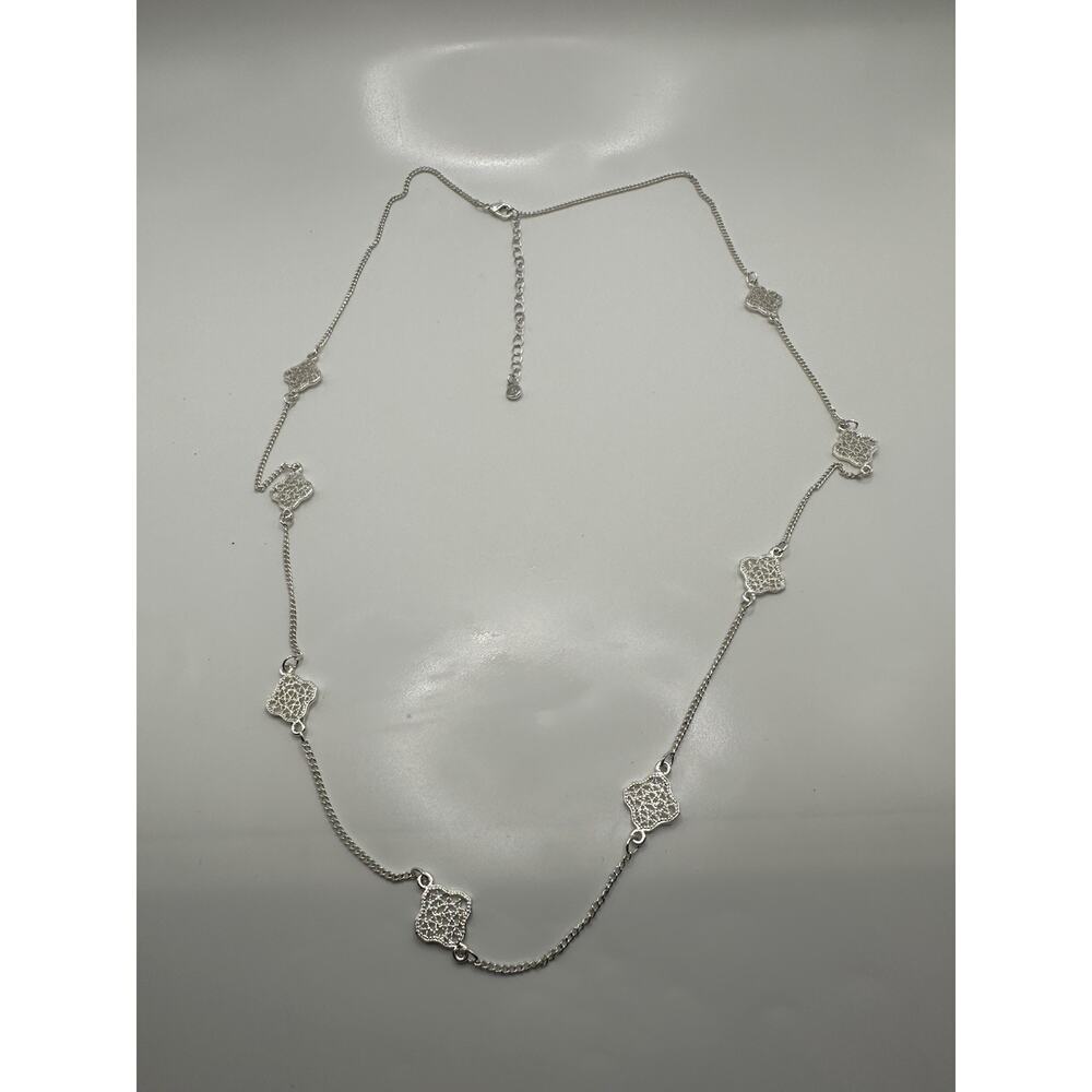 LC Silver Tone Long Filigree Chain Necklace 30”